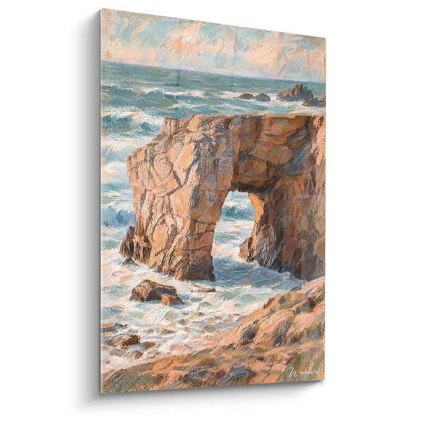 Tableau Arche rocheuse ocre et turquoise sur la côte - Rempart face aux vagues - Edition Quiberon Bretagne France