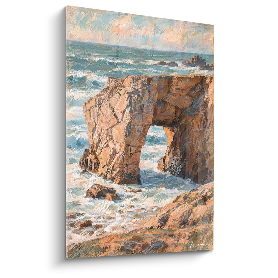 Tableau Arche rocheuse ocre et turquoise sur la côte - Rempart face aux vagues - Edition Quiberon Bretagne France