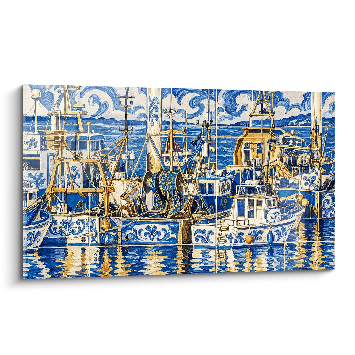 Gemälde Fischerboote in Marineblau und Weiß, am Kai festgemacht, goldene Spiegelungen auf dem Wasser, Stil alter Fayence