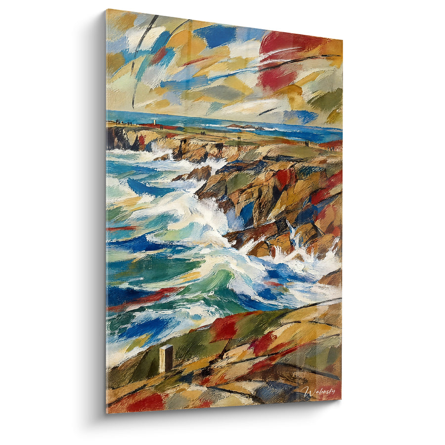 Tableau Côte rocheuse bleue et ocre aux vagues écumantes - Fureur de l'Atlantique - Edition Quiberon Bretagne France