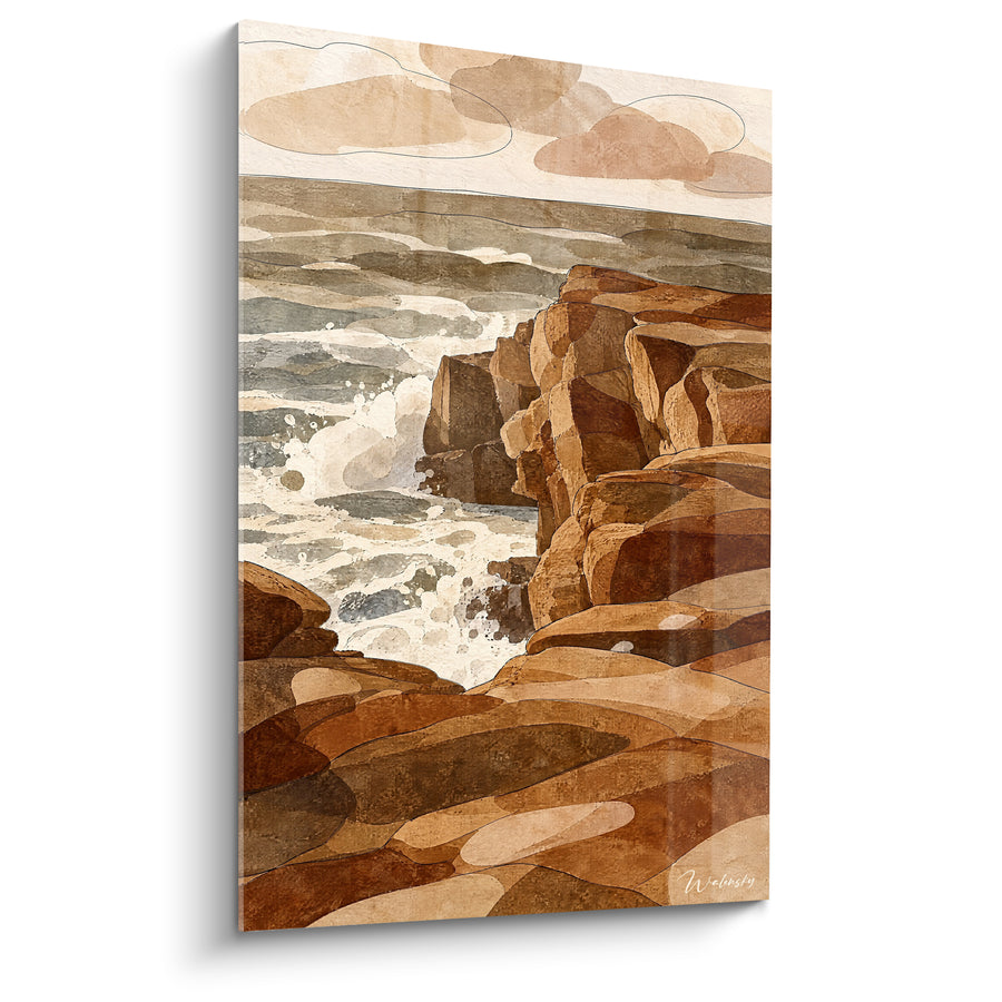 Tableau Crique rocheuse brune et grise aux nuages ronds - Écume blanche entre rochers - Edition Quiberon Bretagne France