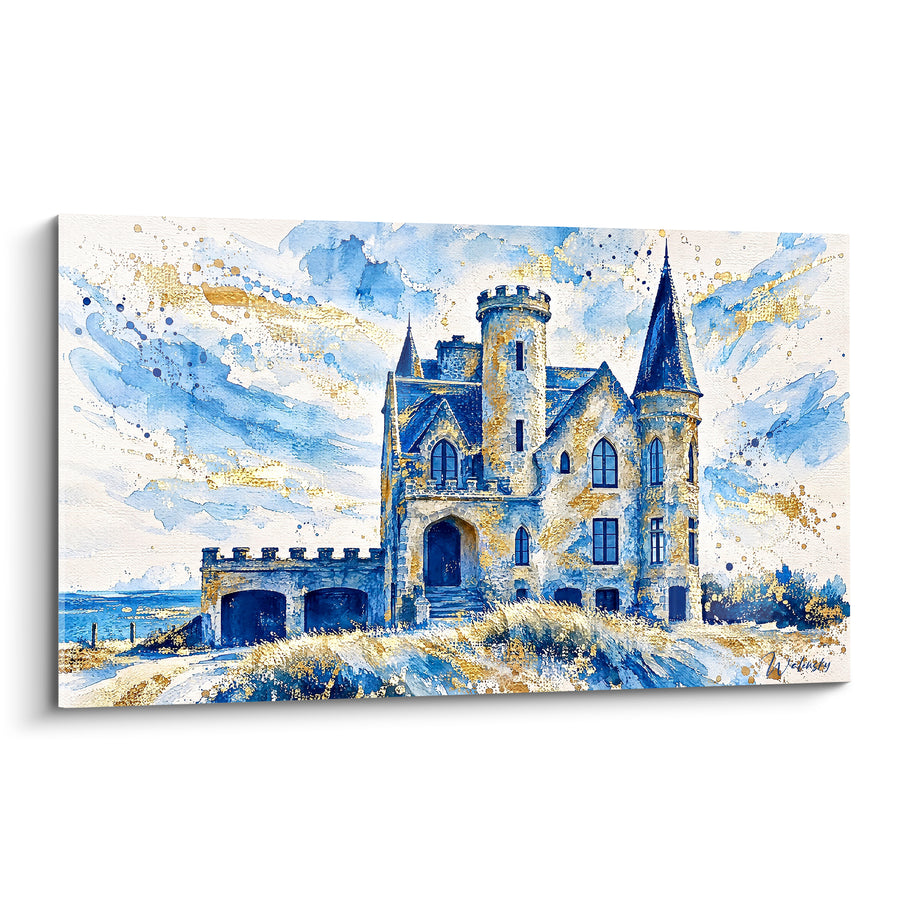 Tableau Château breton aux tourelles bleu et doré - Veille sur la côte - Edition Quiberon Bretagne France