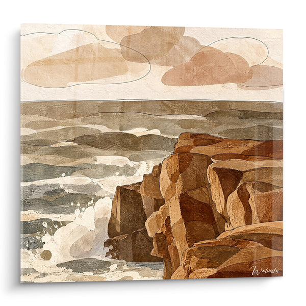 Tableau Falaise rocheuse ocre et grise face aux vagues - Rencontre des éléments - Edition Quiberon Bretagne France