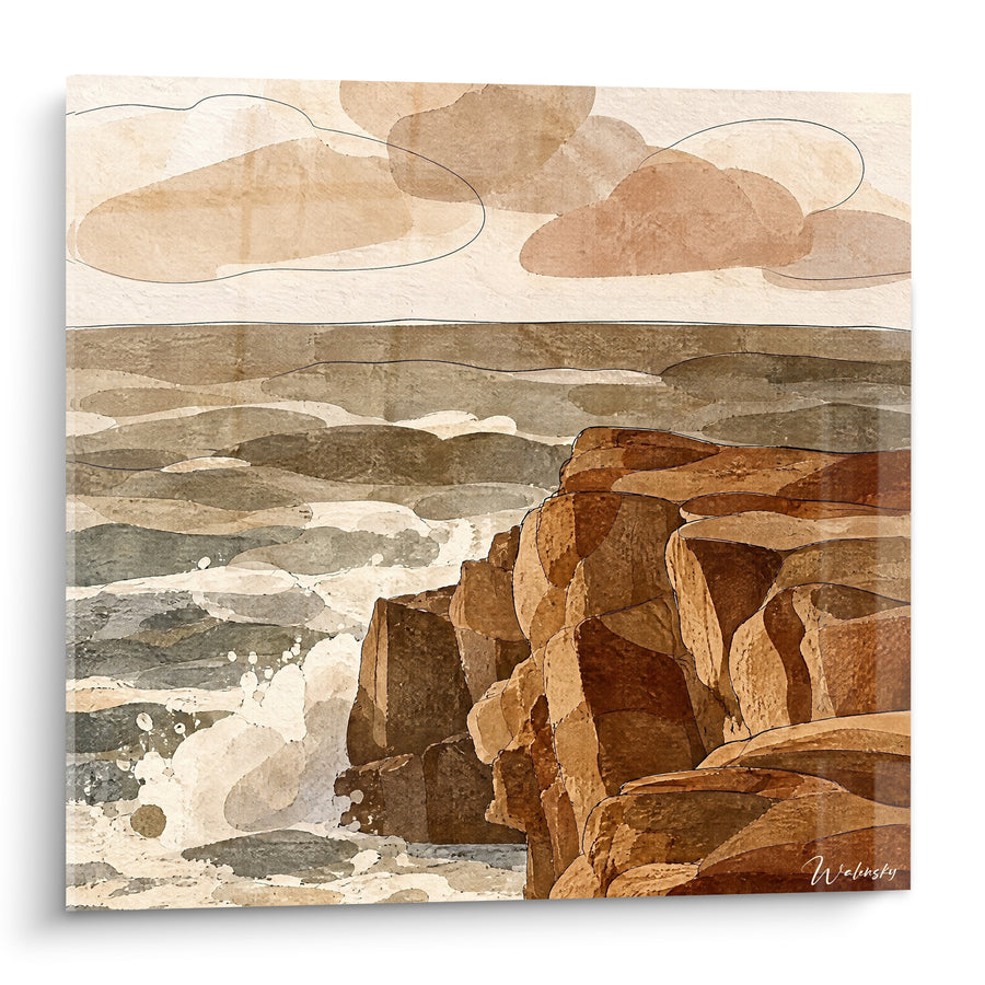 Tableau Falaise rocheuse ocre et grise face aux vagues - Rencontre des éléments - Edition Quiberon Bretagne France