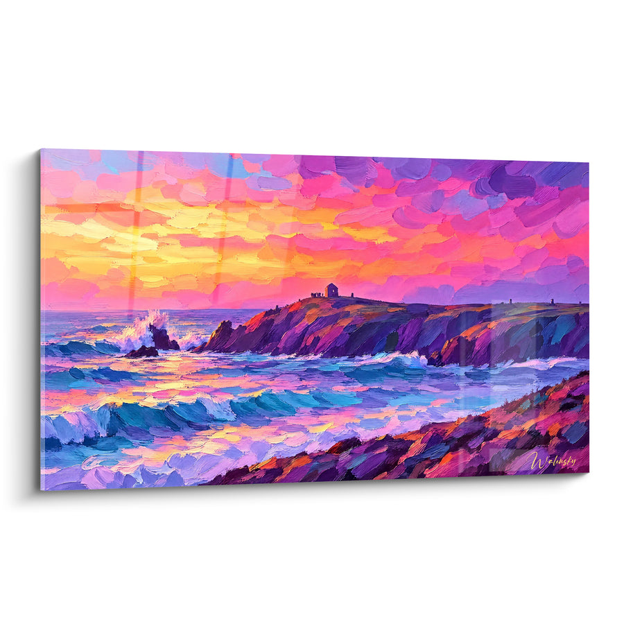 Tableau Côte rocheuse violette et turquoise au couchant - Embrasement du littoral - Edition Quiberon Bretagne France