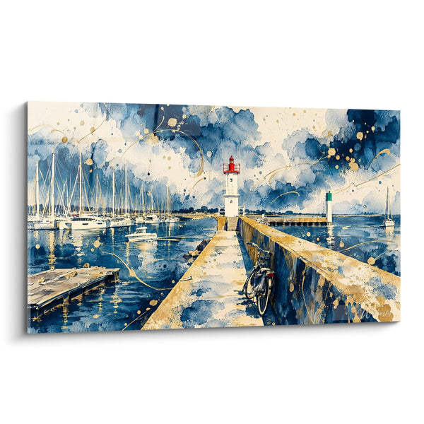 Tableau Phare blanc et bleu sur jetée - Halte au bout du quai - Edition Quiberon Bretagne France