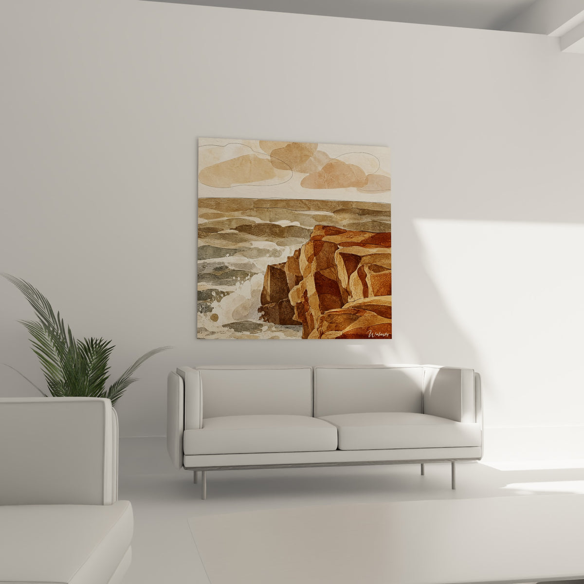 Tableau roche brune sculptée par l'océan, écume blanche et ciel crème dans une entrée voûtée en pierre