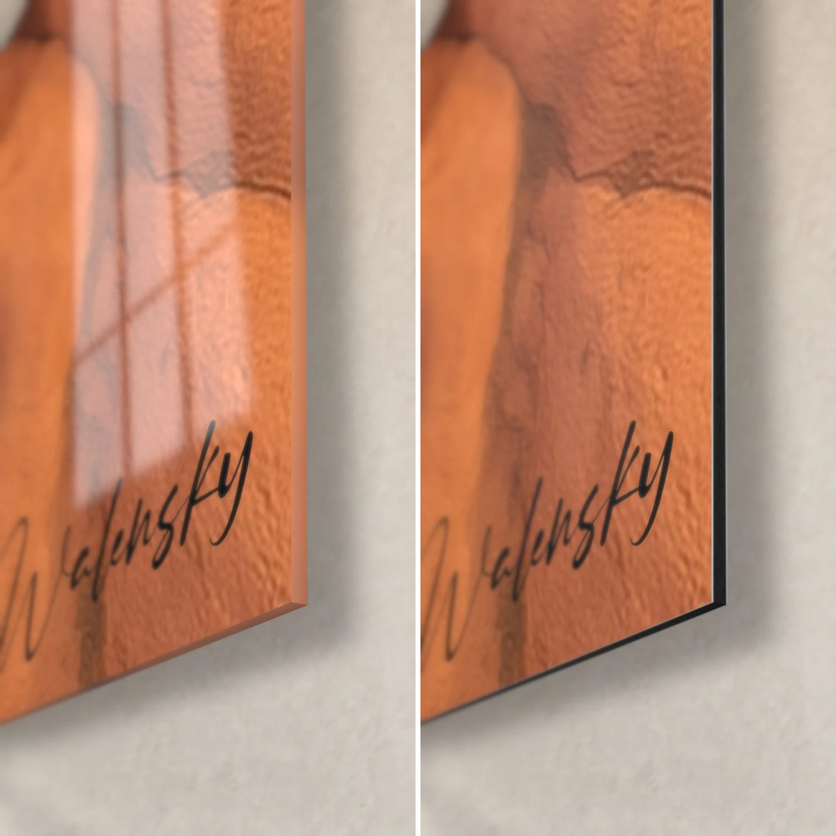 Wall art of abstract ochre rock, bottom right corner: glossy glass on the left, matte black Dibond on the right, 3 mm edge