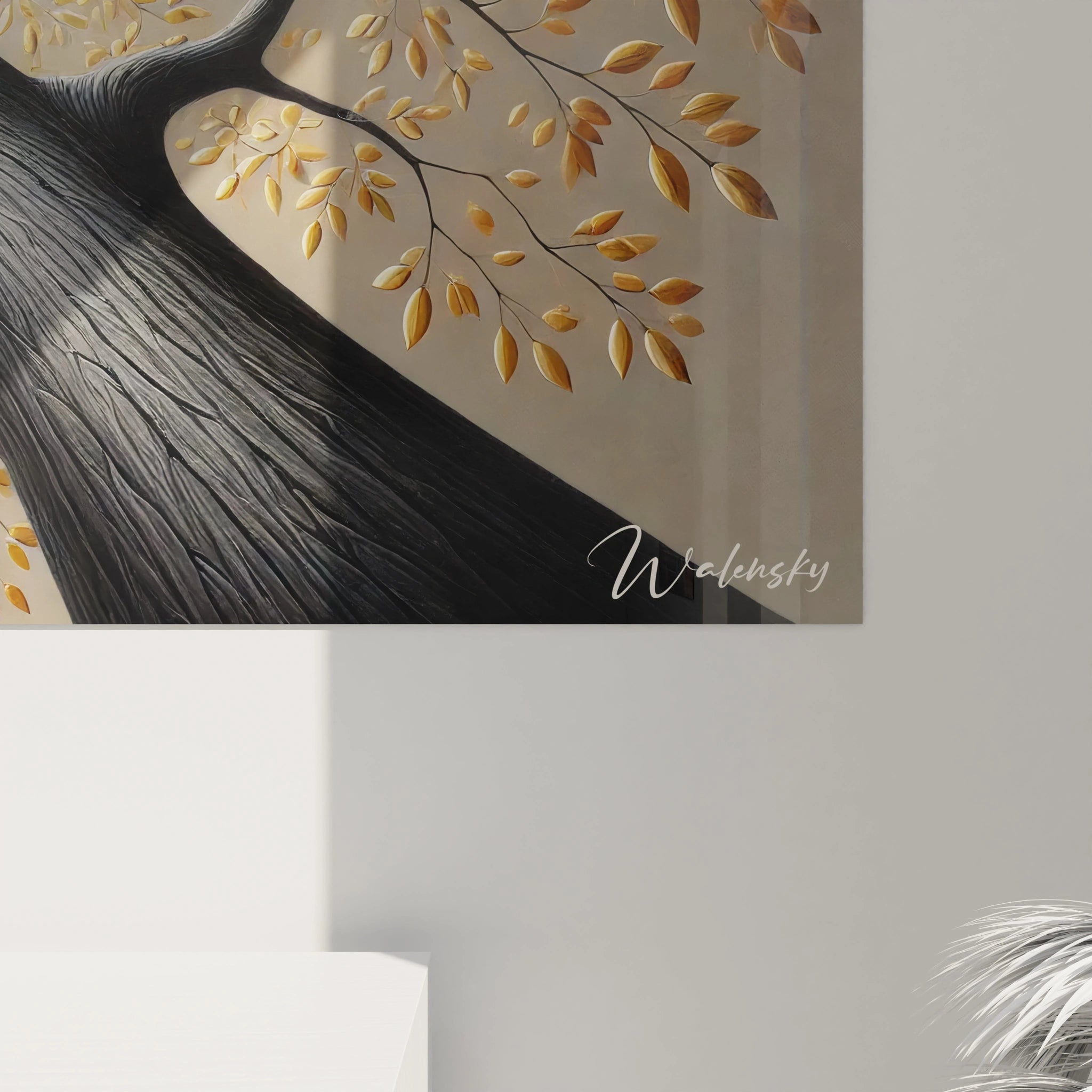 Vue de pres du Tableau Arbre révélant la richesse des détails dorés et des nuances douces pour une connexion profonde avec la nature






