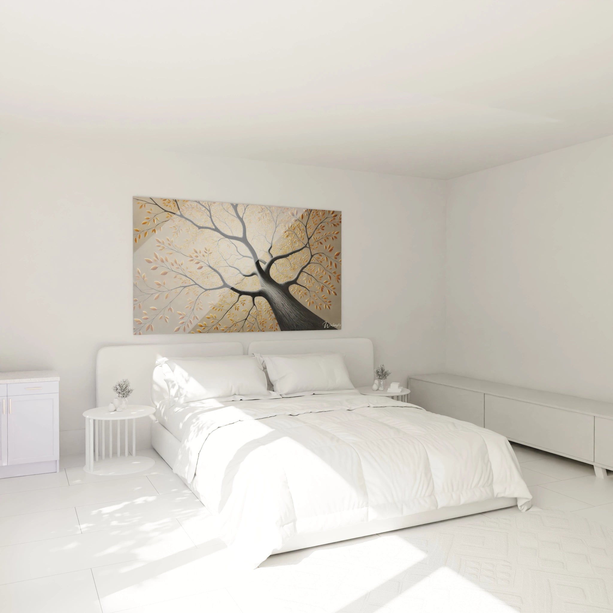 Tableau Arbre au-dessus du lit dans la chambre pour une ambiance apaisante et chaleureuse rappelant la beauté résiliente de la nature

