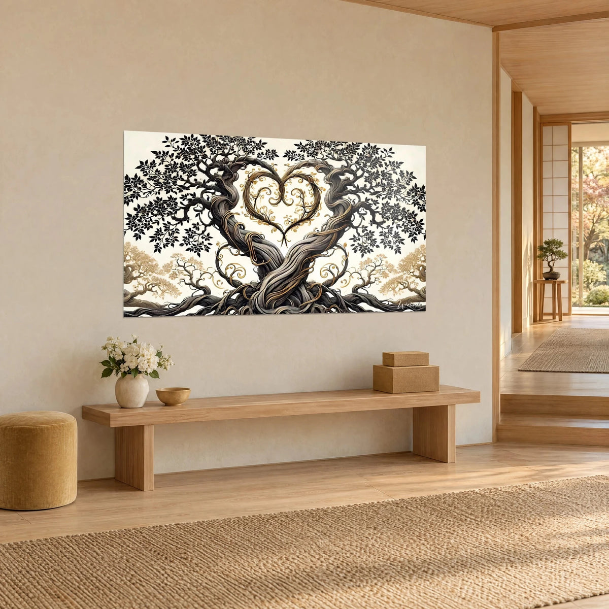 Tableau chêne ancestral aux troncs entrelacés, cœur d'or et feuilles noires sur fond ivoire, vue de trois-quarts près d'un banc en bois