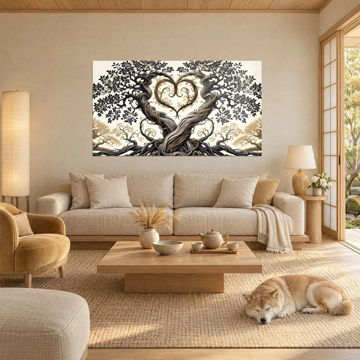 Tableau arbre aux racines torsadées formant un cœur doré, feuillage noir sur fond crème, Shiba endormi au-dessus d'un canapé dans un salon lumineux