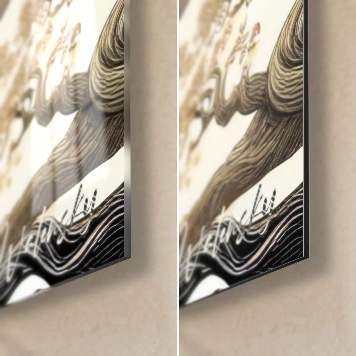 Tableau cœur de branches dorées sur arbre noir et crème, coin bas droit en verre brillant à gauche, alu Dibond mat à droite