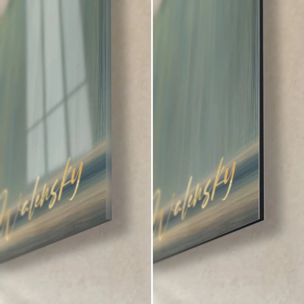Wall art tree with blue-green foliage, bottom right corner: glossy acrylic glass on the left, matte black Dibond on the right, 3 mm edge
