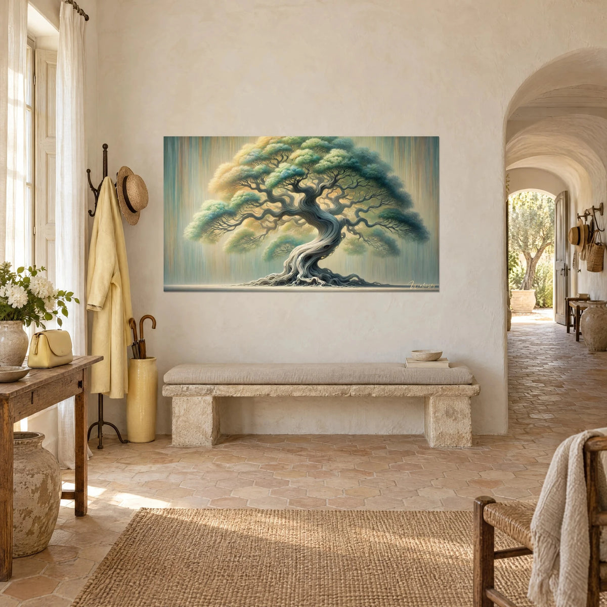 Wall art painted centuries-old oak, turquoise and saffron yellow crown, pale roots, arched entrance of a farmhouse, three-quarter view