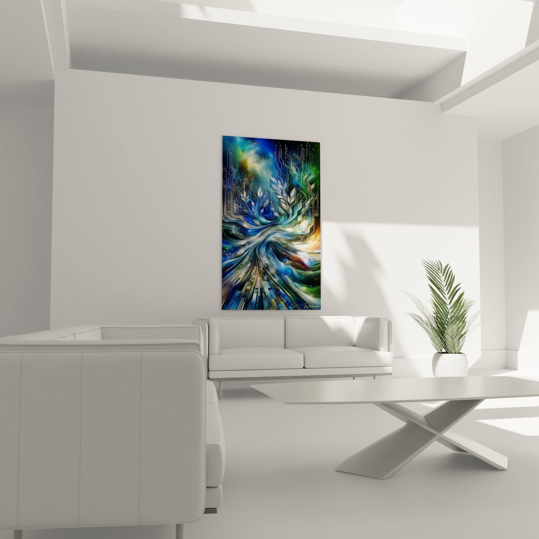 Un tableau abstrait de convergence entre digital et nature. Les couleurs principales sont bleu outremer, vert émeraude, blanc nacré et or. La texture montre des structures linéaires technologiques qui se métamorphosent en tiges feuillues ondoyantes, avec des motifs fractals et des courants fluides, créant une transition harmonieuse entre le monde numérique et organique.
