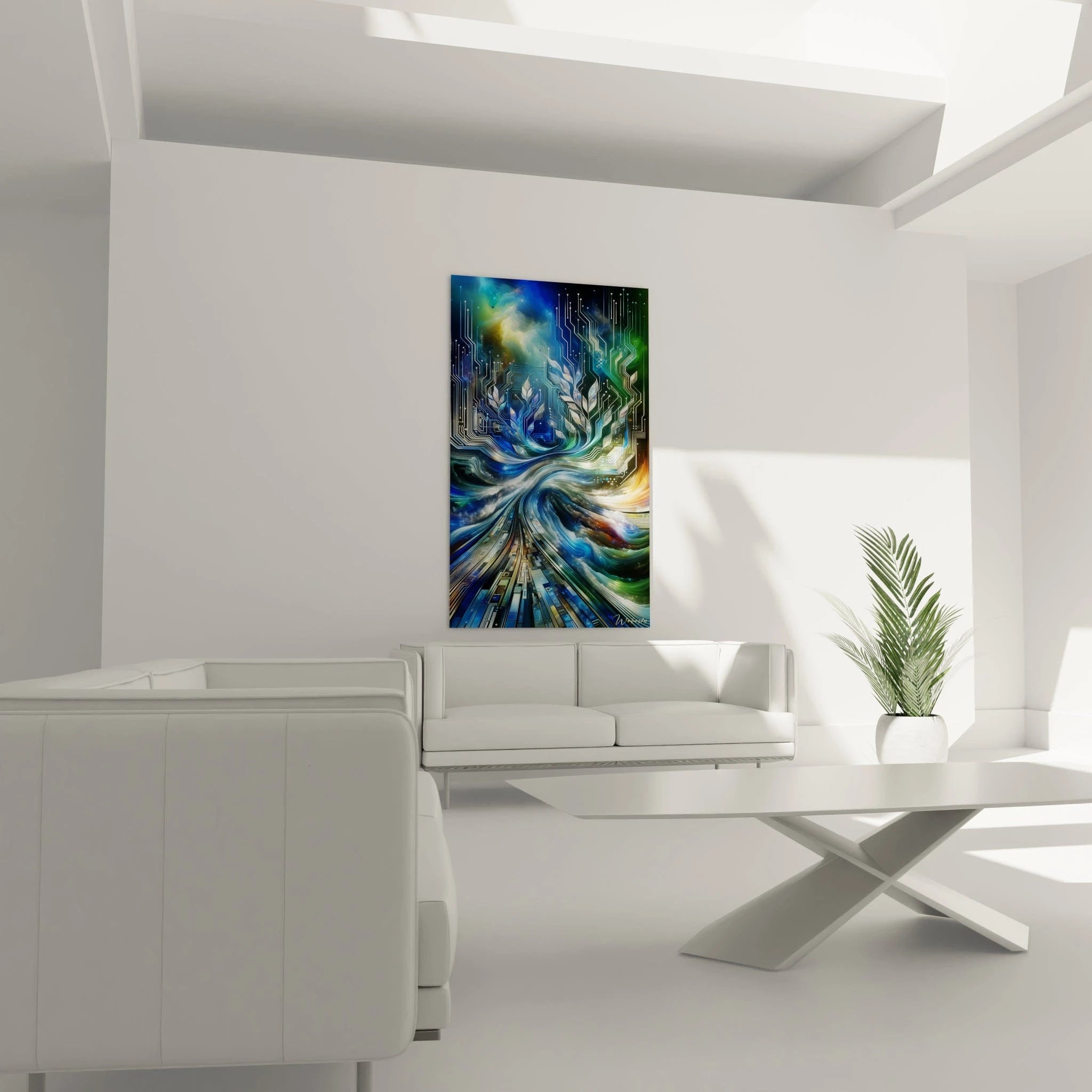 Un tableau abstrait de convergence entre digital et nature. Les couleurs principales sont bleu outremer, vert émeraude, blanc nacré et or. La texture montre des structures linéaires technologiques qui se métamorphosent en tiges feuillues ondoyantes, avec des motifs fractals et des courants fluides, créant une transition harmonieuse entre le monde numérique et organique.
