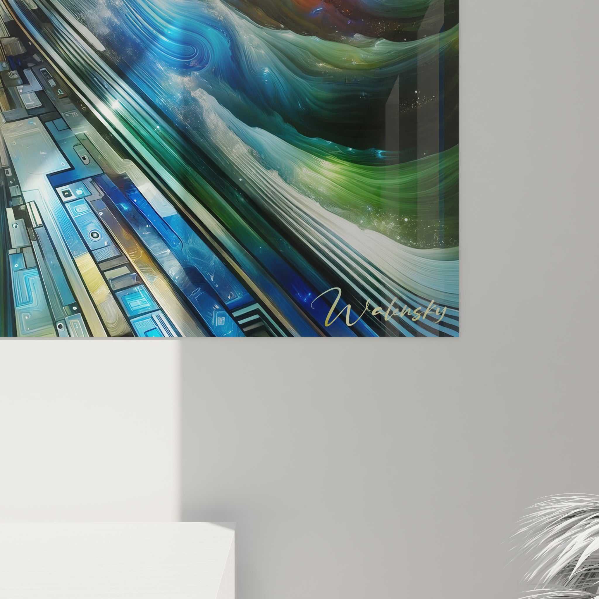 Un tableau abstrait de symbiose numérique et végétale. Utilise une palette de bleu saphir, vert forêt, argent et ambre doré. La texture présente un mélange de lignes de circuit imprimé avec points de connexion et formes naturelles stylisées, le tout traversé par des courants ondulants et des nuages nébuleux, suggérant une fusion entre intelligence artificielle et conscience naturelle.
