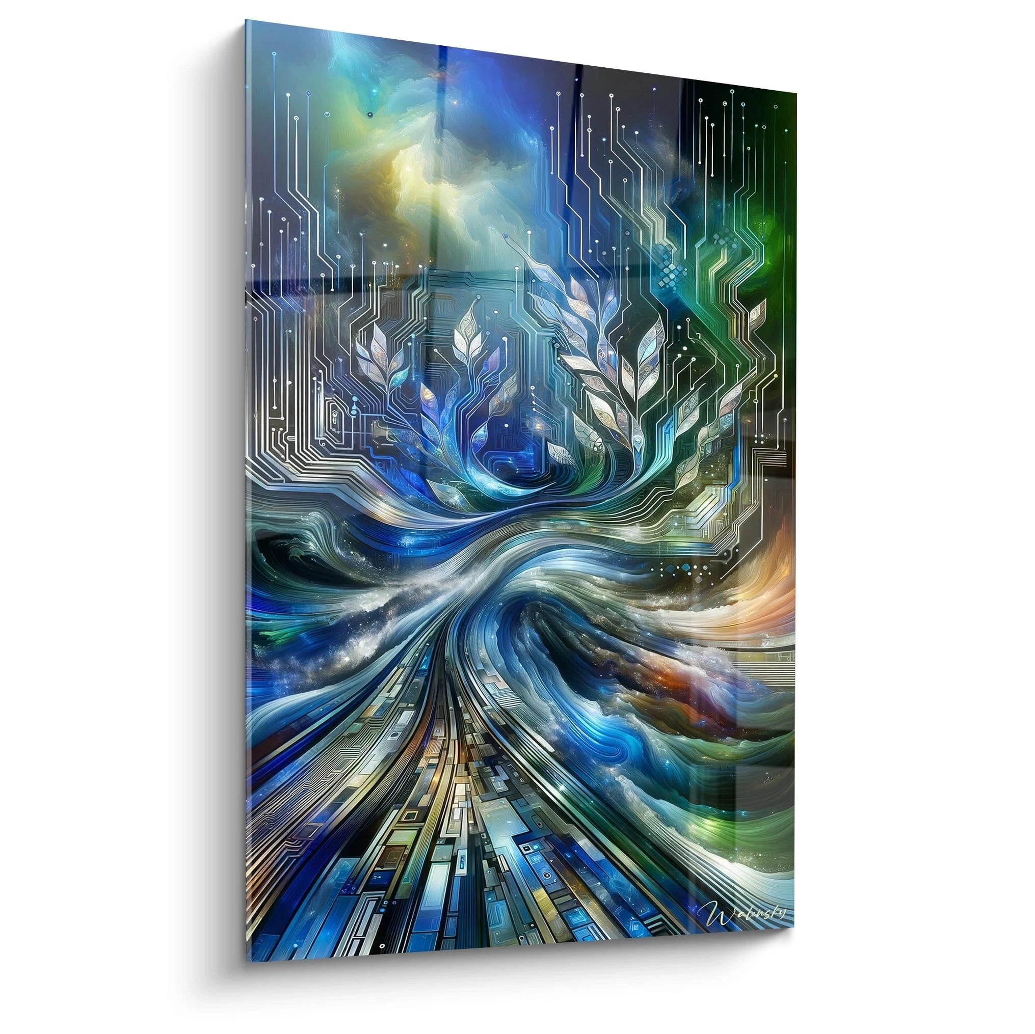 Un tableau abstrait fusionnant technologie et nature. Dominé par des teintes bleu cobalt, vert émeraude, blanc argenté et ocre doré. La texture présente des motifs de circuits imprimés et lignes technologiques qui se transforment en feuilles et plantes stylisées, avec des vagues fluides et des nuages cosmiques tourbillonnants créant un effet de mouvement ascendant.
