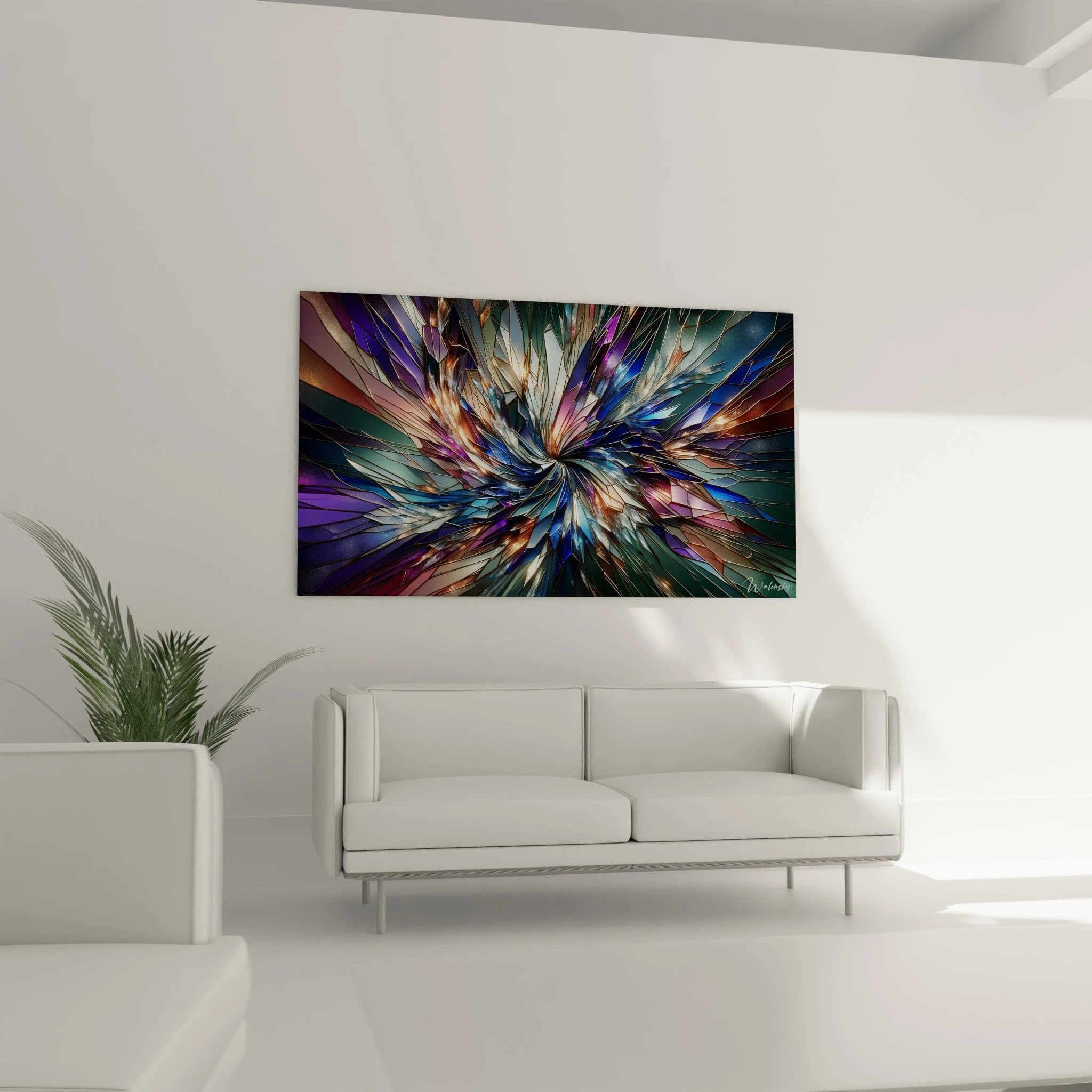 Tableau abstrait montrant une explosion de verre brisé multicolore. Spectre chromatique de bleu outremer, violet lavande, vert sapin et bronze cuivré avec lignes de jonction dorées. Effet visuel de vitrail éclaté avec surfaces polygonales réfléchissantes. Composition tourbillonnante avec centre spiralé et éclats géométriques projetés vers les bords.
