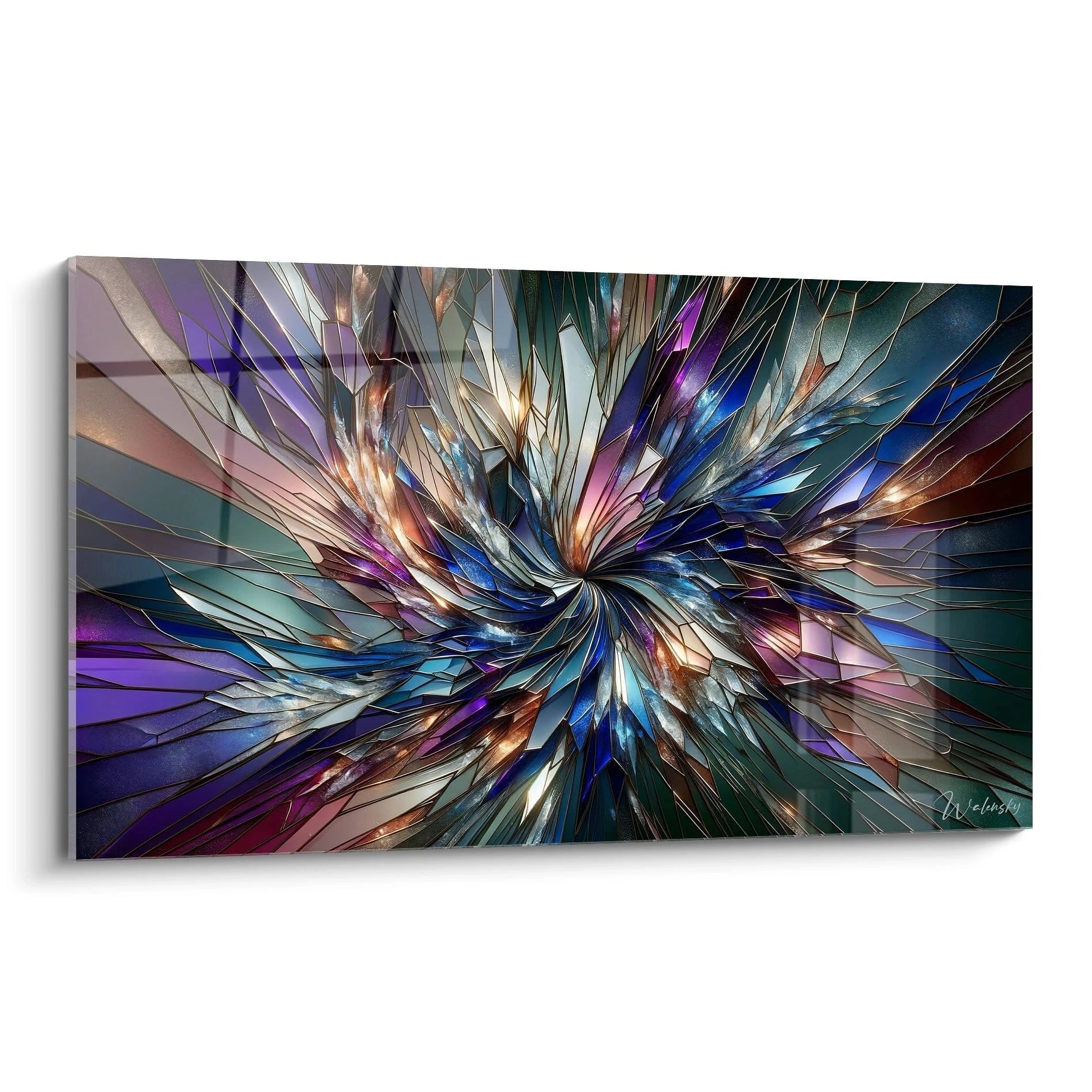 Tableau abstrait représentant une explosion de fragments cristallins en mouvement spiral. Palette riche de bleu saphir, violet pourpre, vert émeraude et cuivre métallisé. Texture réfléchissante avec facettes géométriques délimitées par fines lignes dorées. Composition centrée avec mouvement rotatif et éclats anguleux rayonnant vers l'extérieur.
