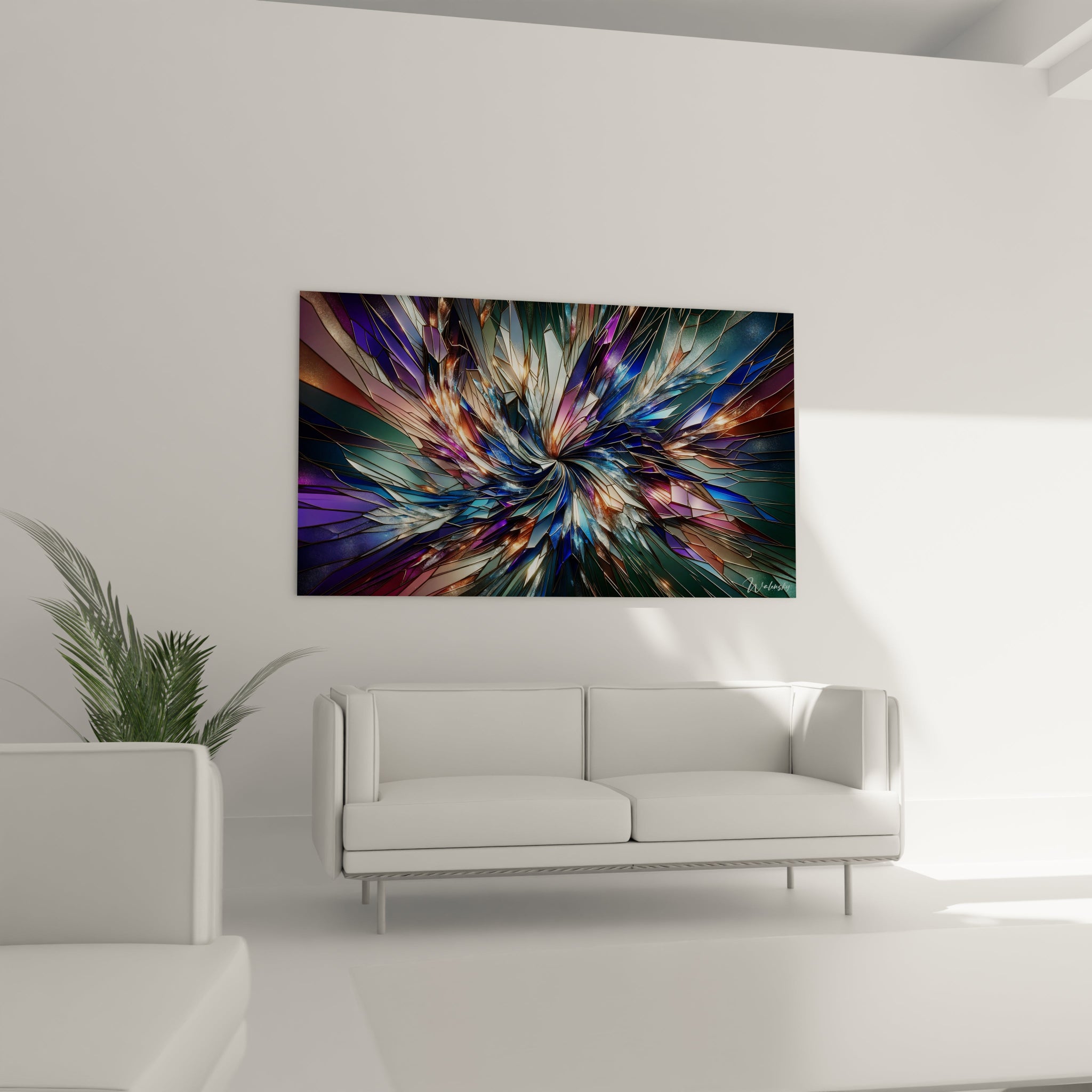 Tableau abstrait montrant une explosion de verre brisé multicolore. Spectre chromatique de bleu outremer, violet lavande, vert sapin et bronze cuivré avec lignes de jonction dorées. Effet visuel de vitrail éclaté avec surfaces polygonales réfléchissantes. Composition tourbillonnante avec centre spiralé et éclats géométriques projetés vers les bords.
