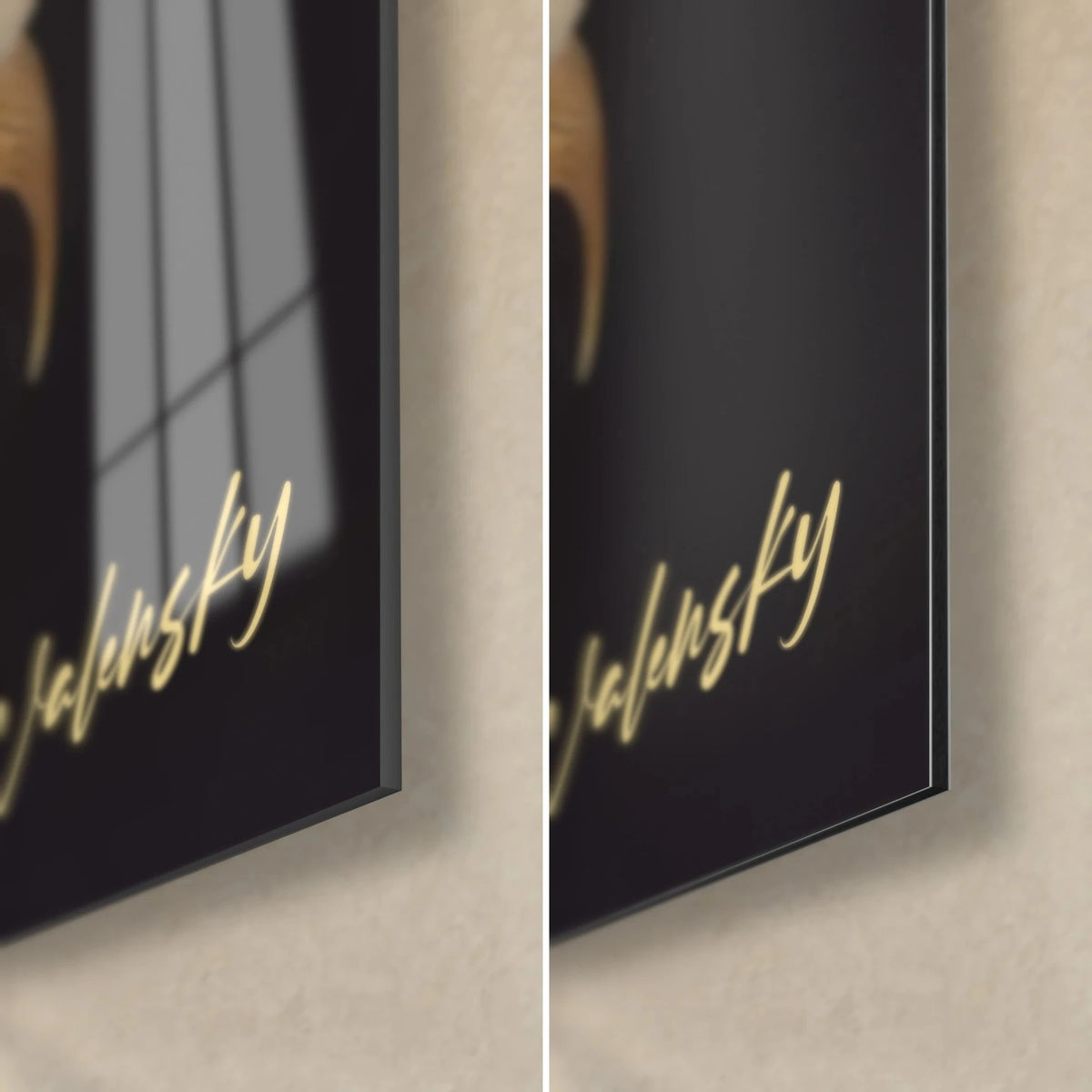 Wall art with gold palm fronds on black, bottom right corner, Walensky signature in gold, glossy acrylic glass and matte aluminium Dibond, 3 mm thickness