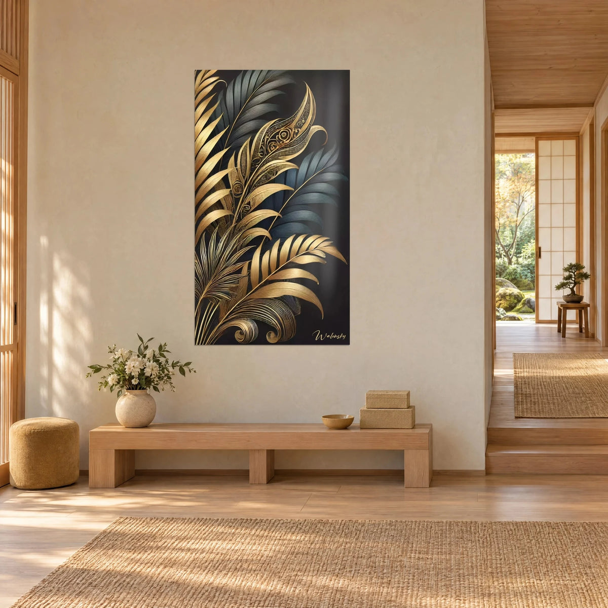 Wall art with gold and slate-blue tropical foliage, feather with ornate swirls at the center, three-quarter view beside a light wood bench