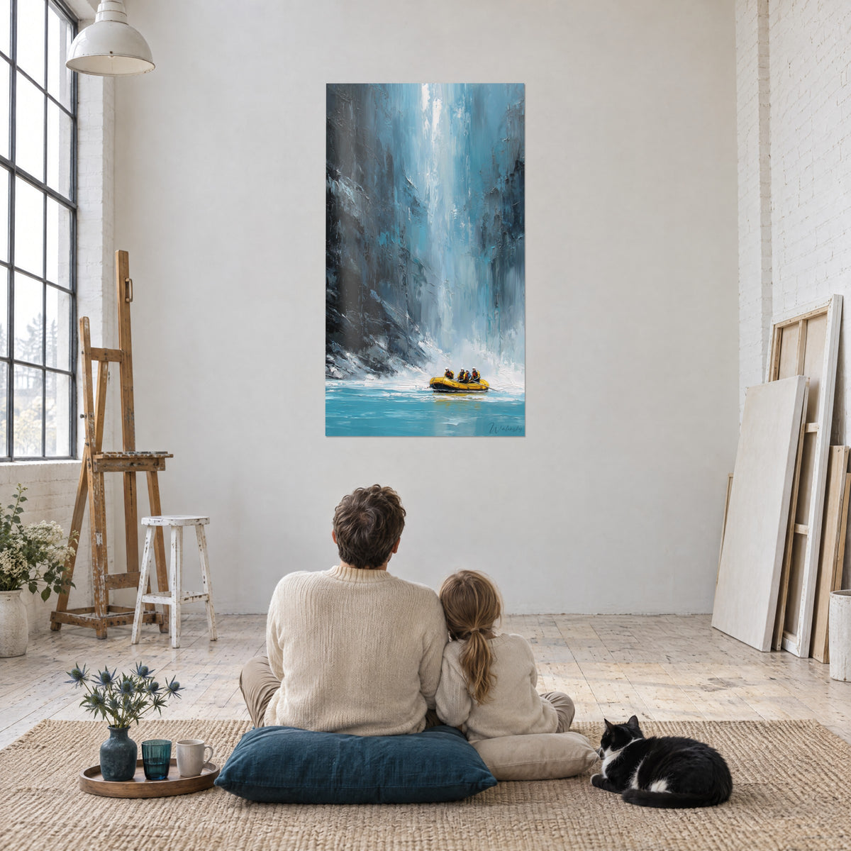 Cuadro pared de roca negra y vertiginosa cascada turquesa, pequeña canoa amarilla, delante de un gato tuxedo y dos personas de espaldas