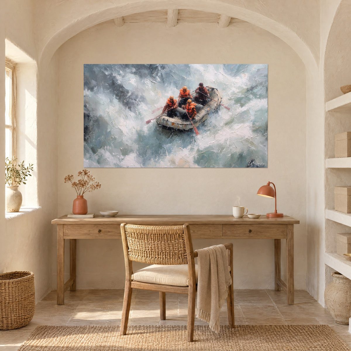 Cuadro embarcación gris sacudida por un torrente turquesa y blanco, óleo con relieve, escritorio de madera y silla de mimbre