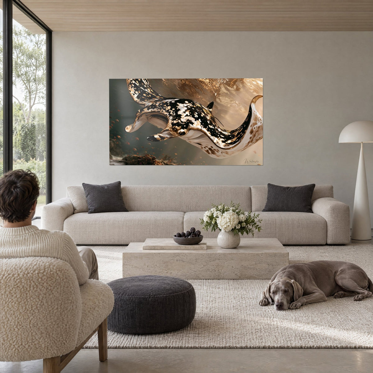 Wall art undulating manta ray, black back speckled with cream and copper reflections, two viewers seen from behind, a reclining Weimaraner, above a sofa in a bright living room