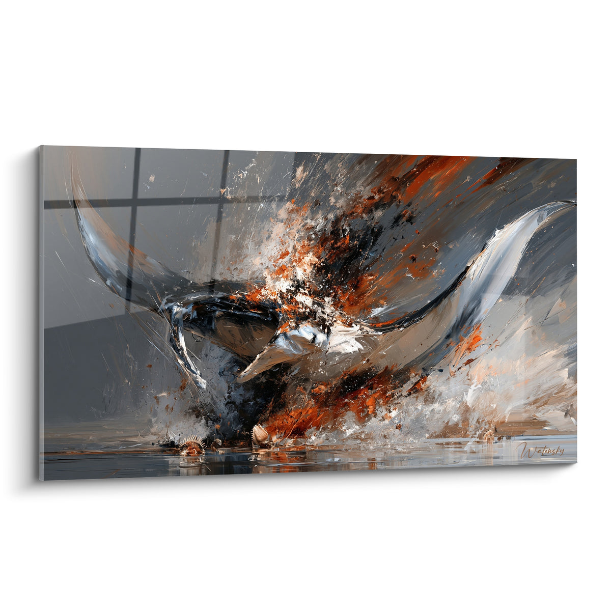Raie manta anthracite en plein mouvement, éclats orangés et blancs, style peinture expressive