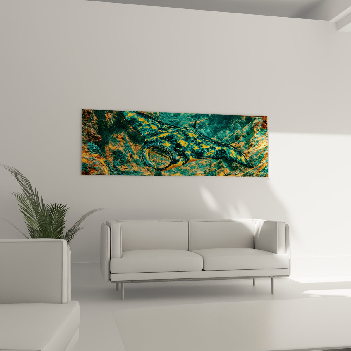 Animal marin aux motifs ocre et anthracite disposé au-dessus d'un canapé dans un salon lumineux