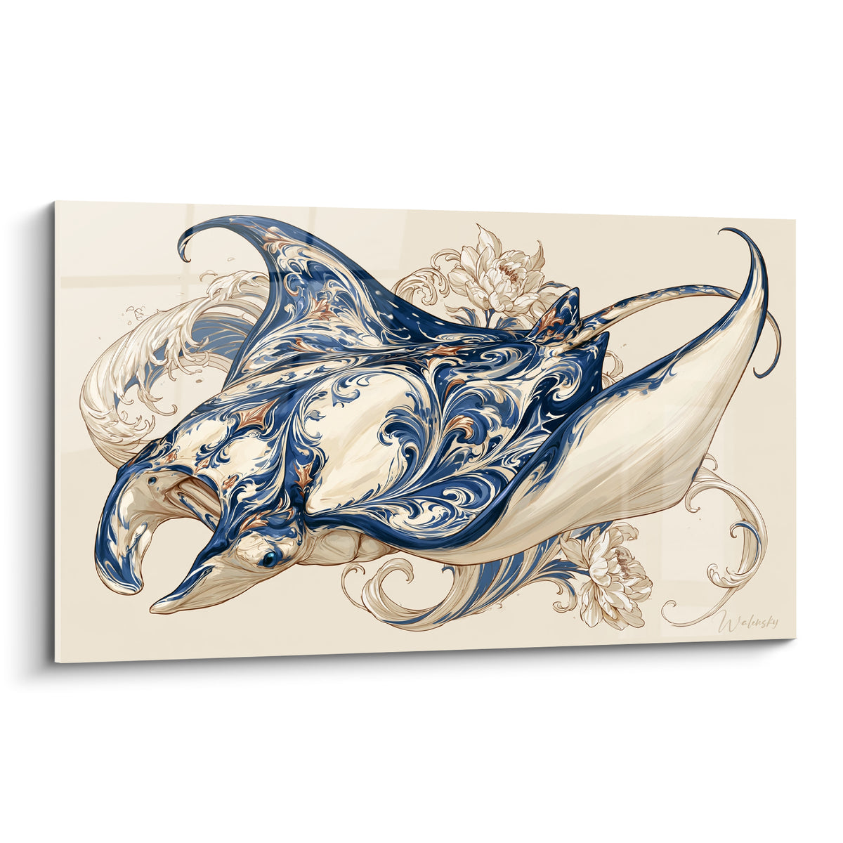 Raie manta ornée d'arabesques bleu marine et cuivrées sur fond ivoire, style gravure baroque