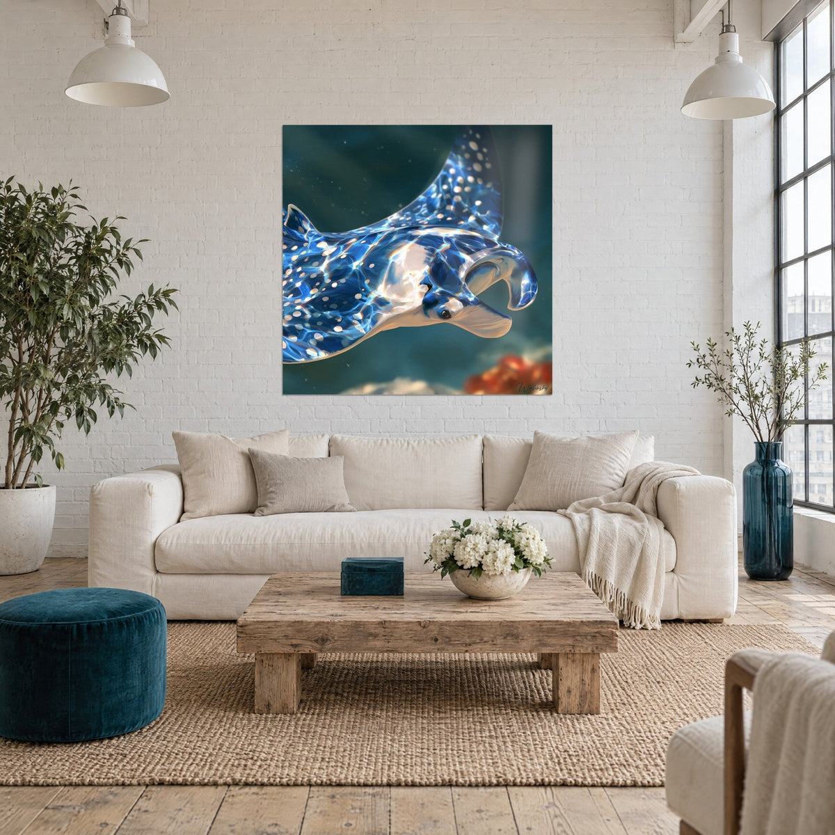 Tableau raie manta mouchetée de bleu marine et de blanc, aile ouverte, reflets d'eau, au-dessus d'un canapé dans un salon lumineux