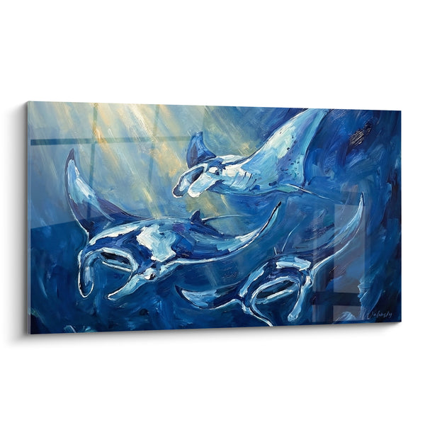 Tableau Raies mantas bleu marine et blanc immaculé - Ballet abyssal - Edition Raie manta