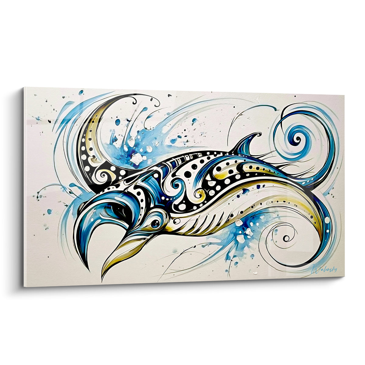 Raie manta stylisée aux volutes bleu marine et dorées sur fond crème, motifs à pois noirs