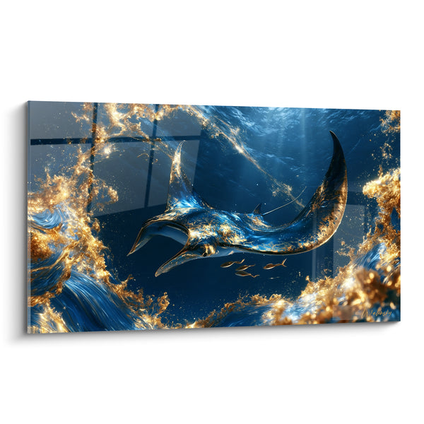 Tableau Raie manta bleu nuit et dorée - Ballet des abysses - Edition Raie manta