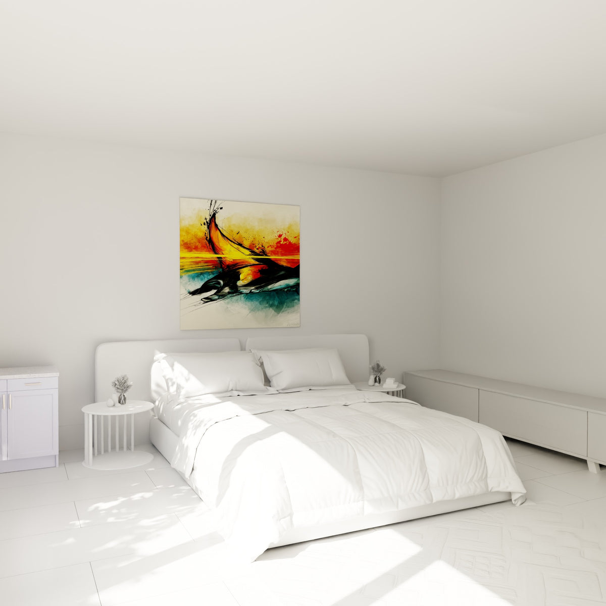 Silhouette de raie manta noire et bleu pétrole accrochée au-dessus d'un lit dans une chambre claire