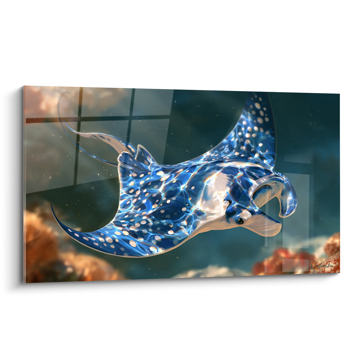 Raie manta bleue translucide aux taches blanches, nageant devant un fond corallien ocre flouté