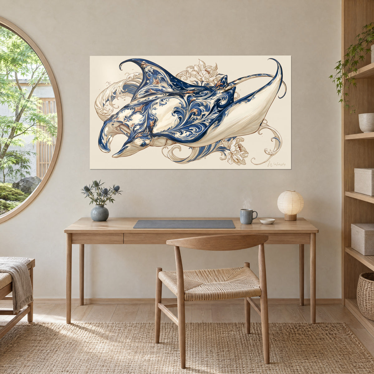 Tableau raie manta stylisée bleu roi et beige, pivoines délicates sous les nageoires, accroché au-dessus d'un bureau en bois clair