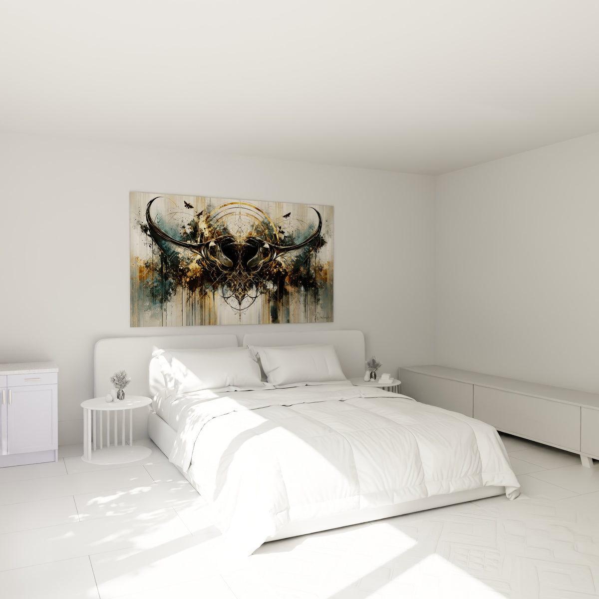 Silhouette de raie manta anthracite et or déployée au-dessus d'un lit dans une chambre claire