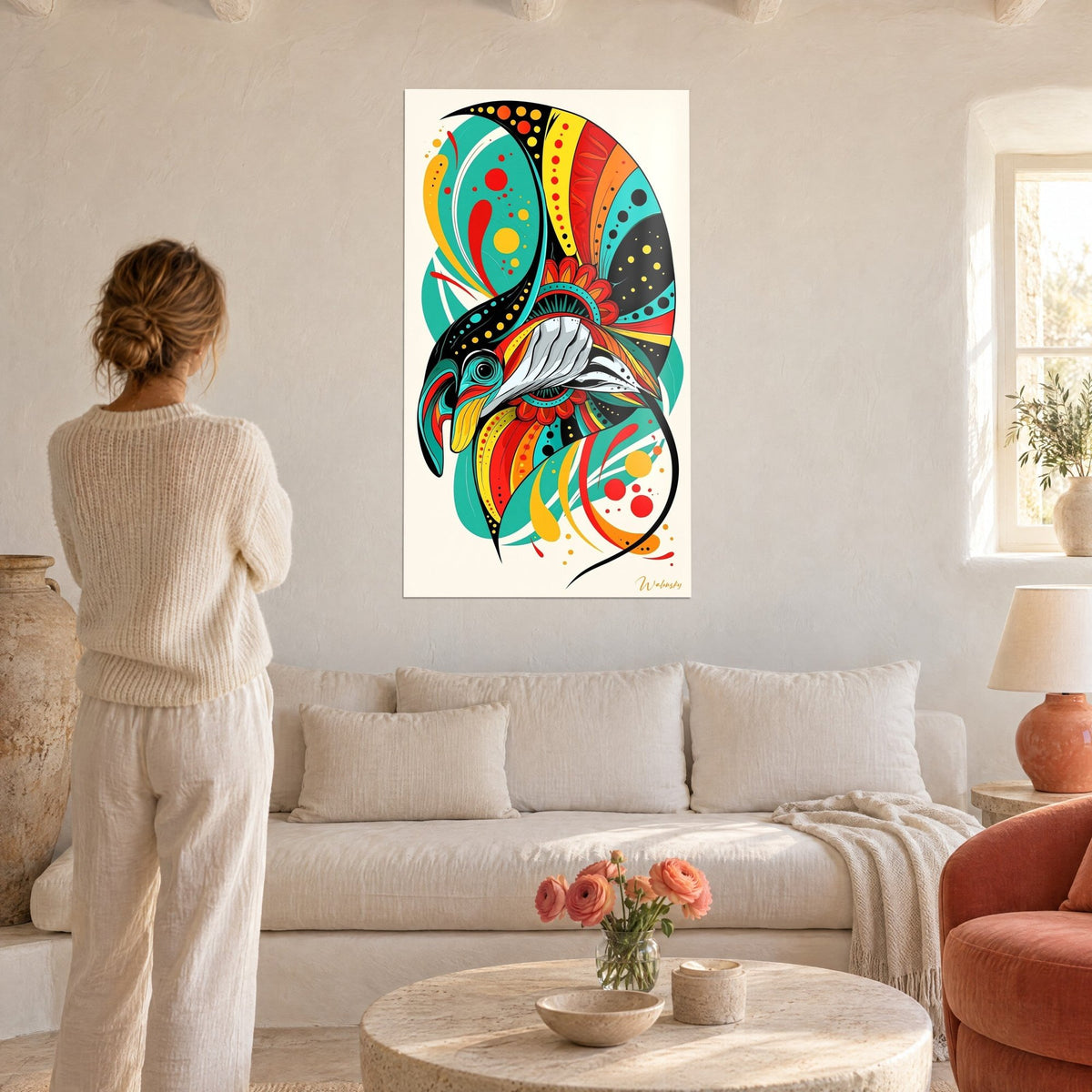 Gemälde mit stilisiertem Mantarochen, schwarze Flügel mit gelben, türkisen und leuchtend roten Punkten, über einem Sofa in einem hellen Wohnzimmer