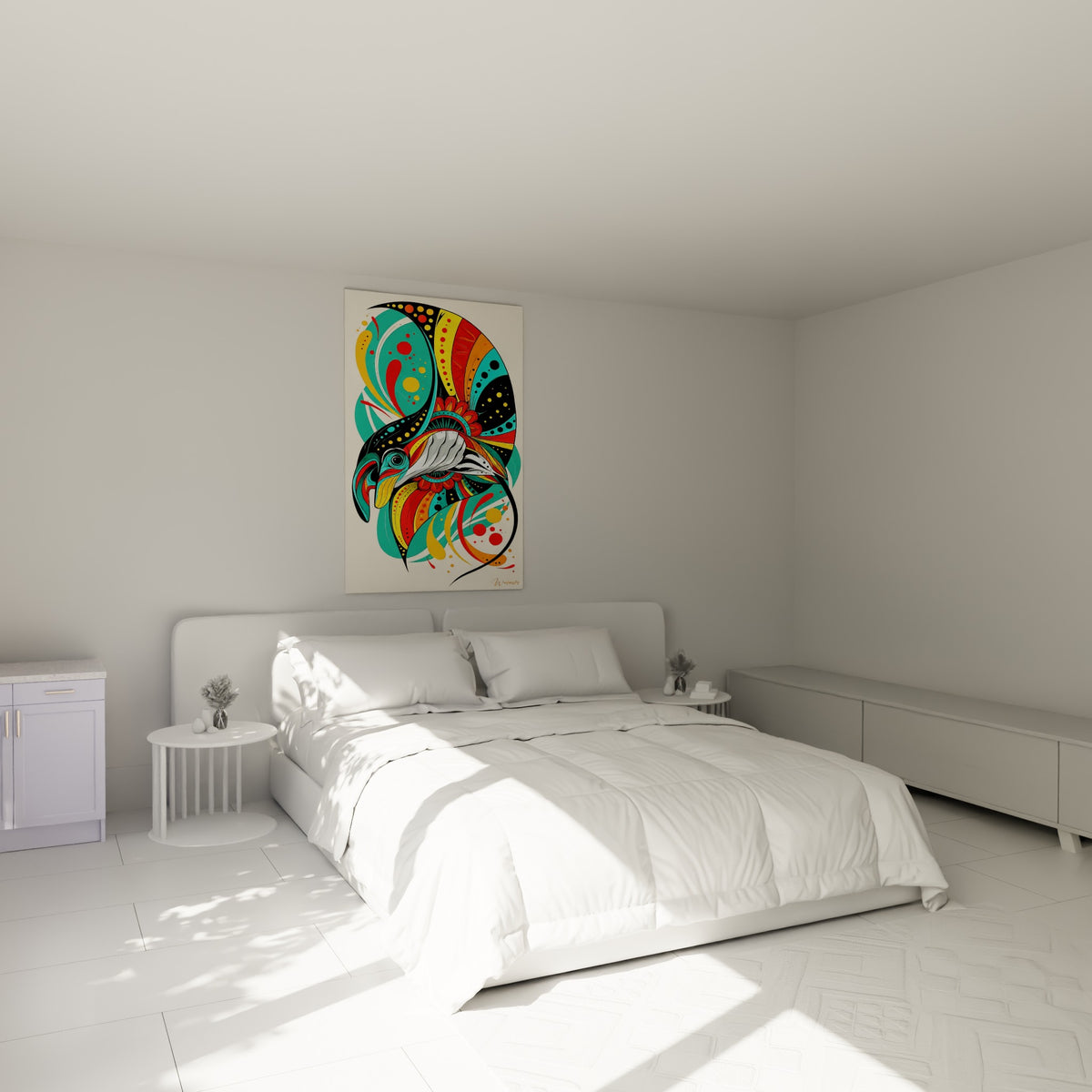 Profil de raie manta aux teintes turquoise et corail accroché au-dessus d'un lit dans une chambre claire