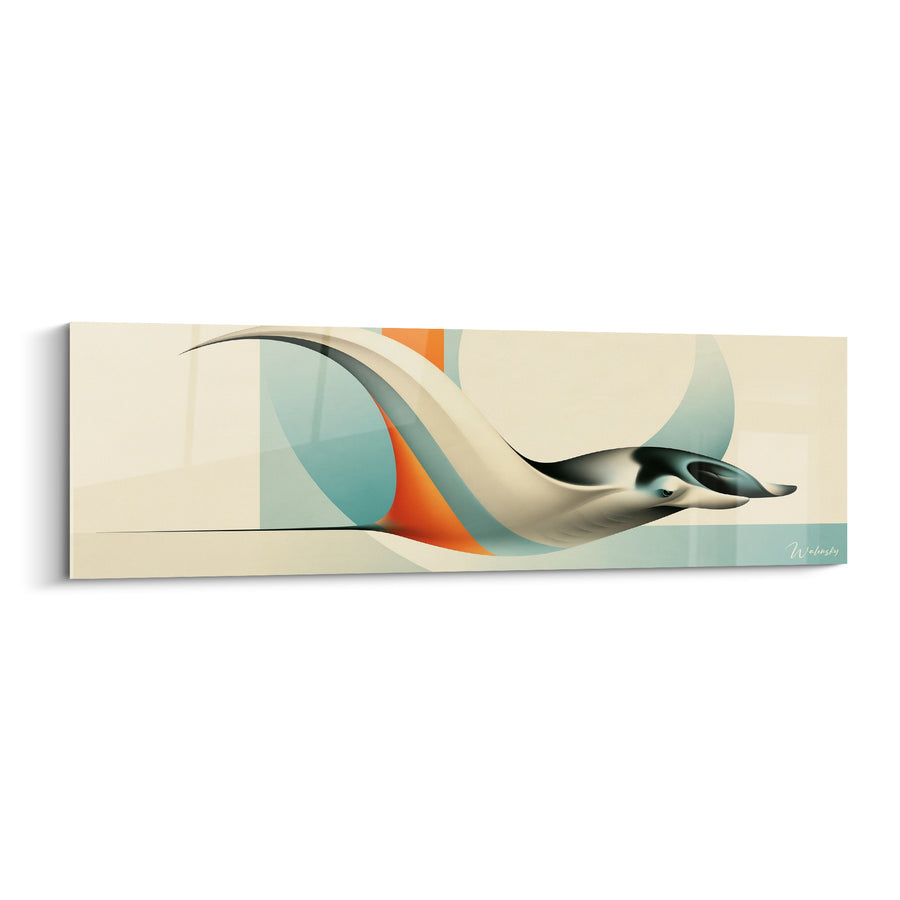 Tableau Raie ivoire et turquoise sur formes géométriques - Cercle orange minimaliste - Edition Raie manta