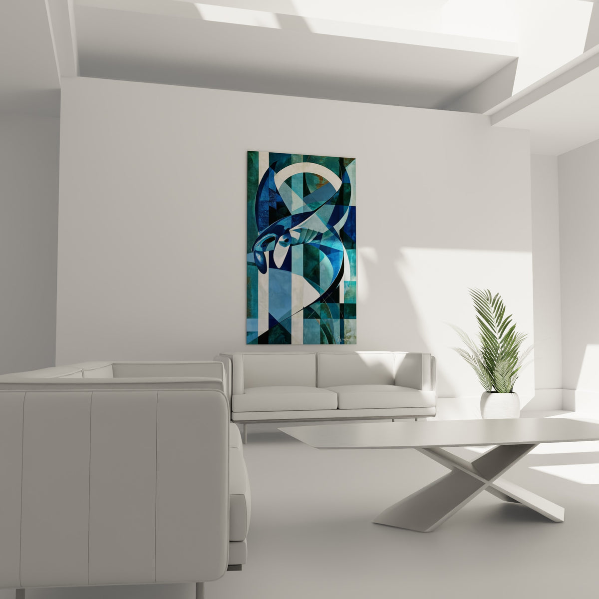 Silhouette anguleuse d'une raie manta bleu marine et blanc cassé, au-dessus d'un canapé dans un salon lumineux