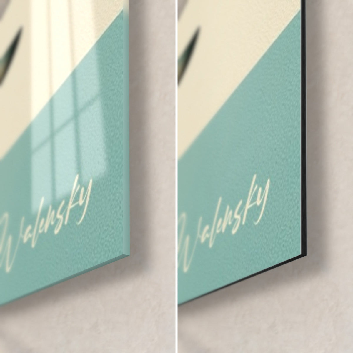 Wall art ivory ray wing, turquoise block and Walensky signature, bottom right corner in glossy glass and matte black Dibond