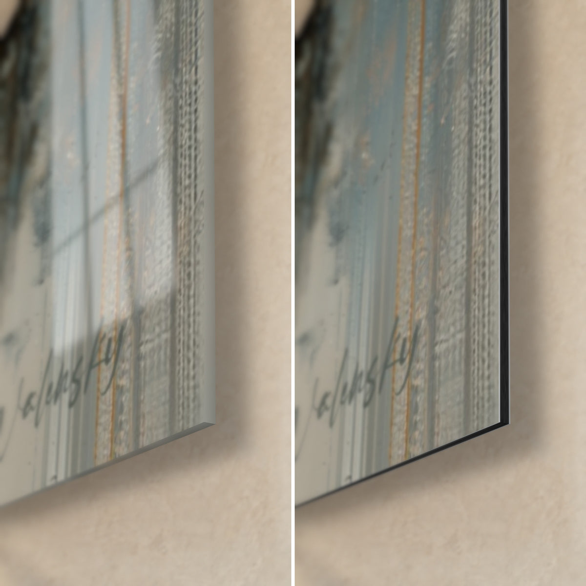 Détail des filigranes dorés et coulures noires sur la texture du tableau raie manta, grain visible de l'impression