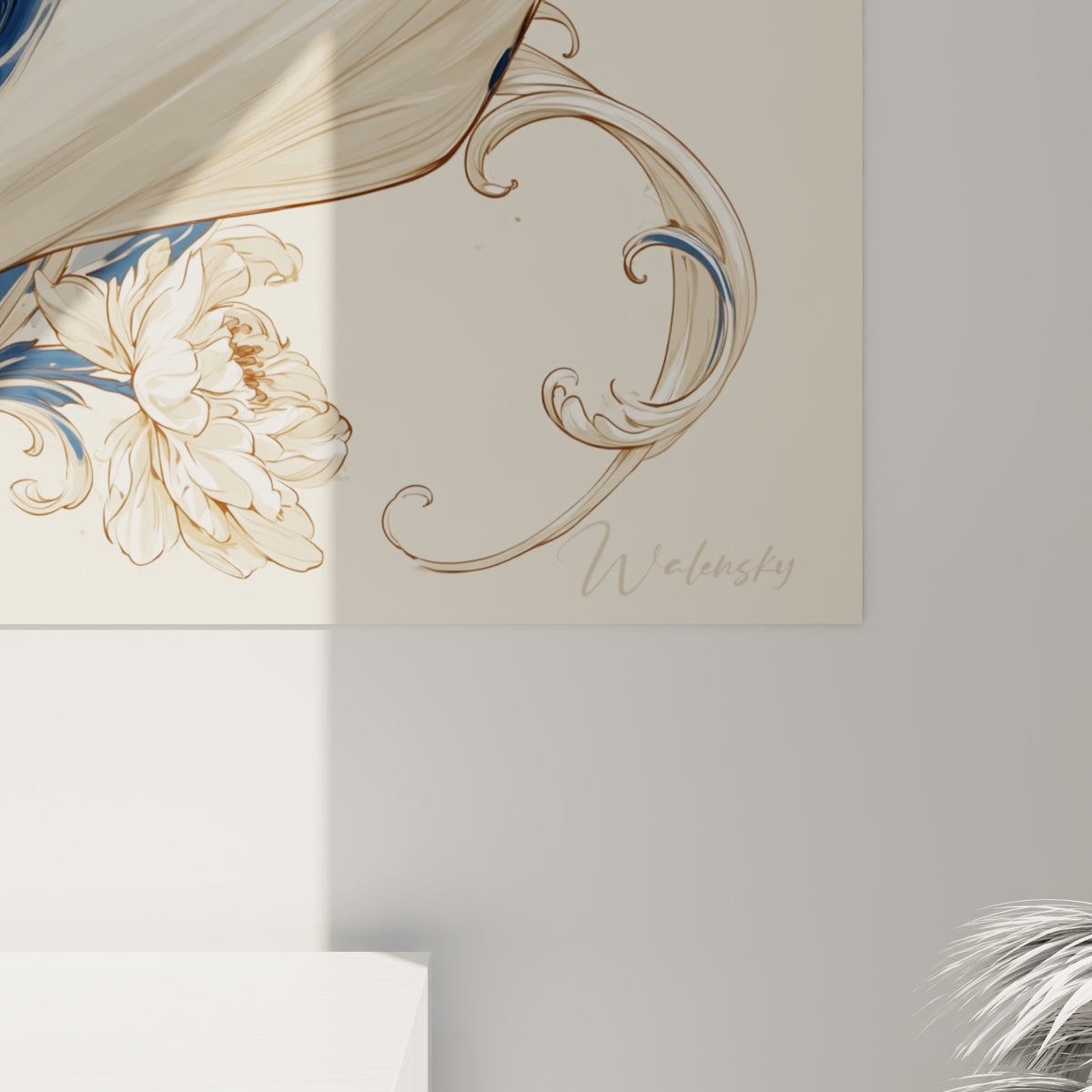 Tableau raie géante en volutes bleu nuit et crème, coin bas droit, verre acrylique brillant à gauche, alu Dibond mat à droite