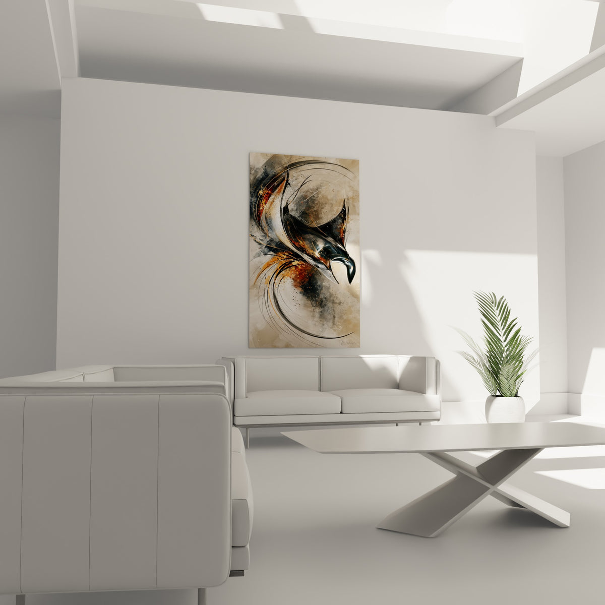 Raie manta esquissée en noir et terracotta accrochée au-dessus d'un canapé dans un salon lumineux